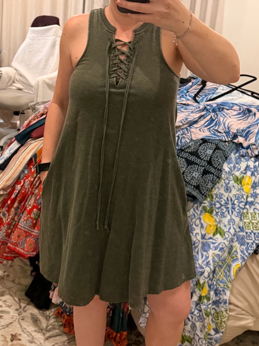 Z Supply Olive Lace-Up Tank Swing Mini Dress